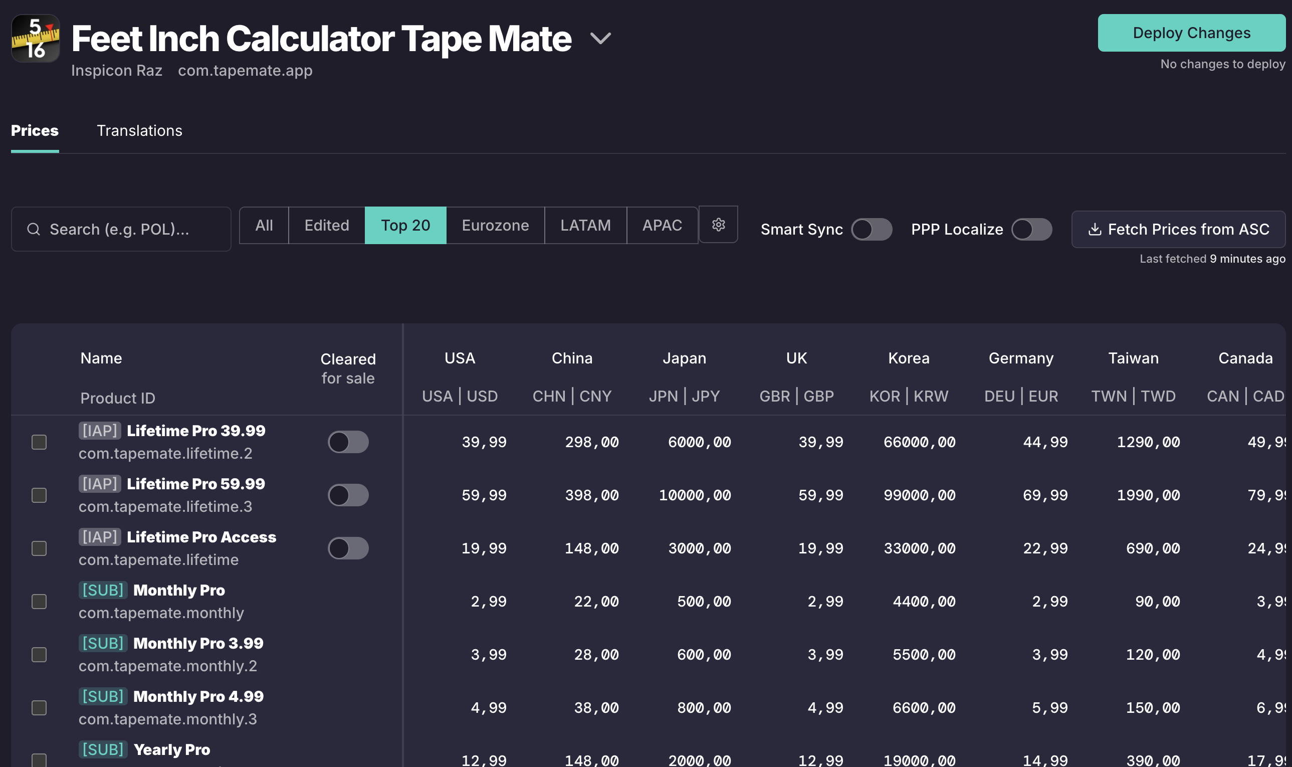 ASCPilot pricing grid with IAP and subscription prices across multiple storefronts